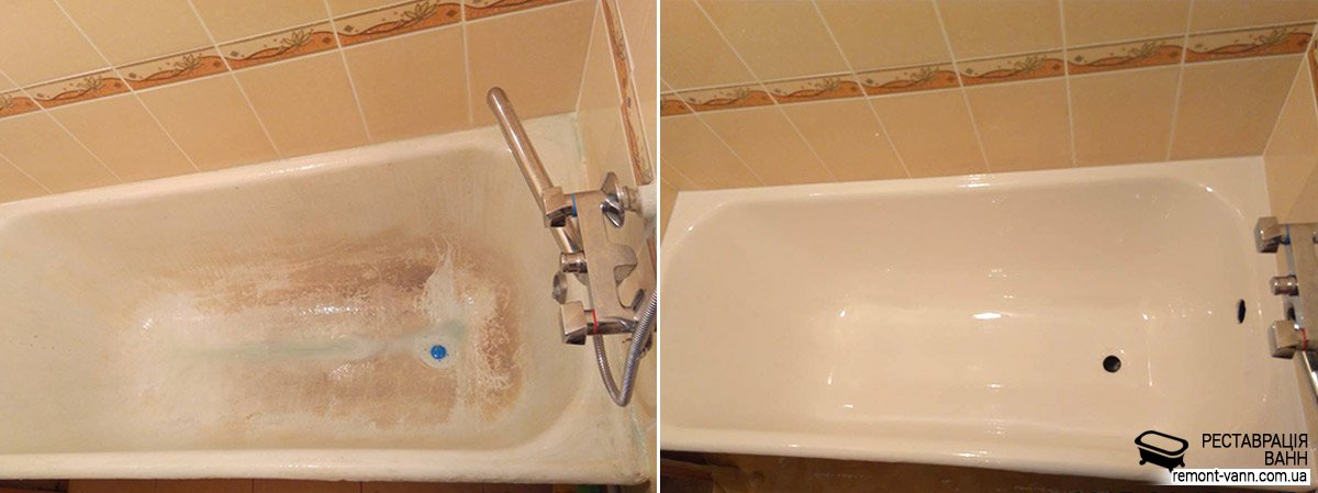 Фото отреставрированной ванны и ее вид до реставрации